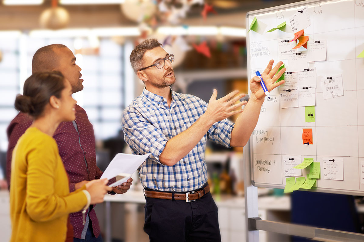 31 Best Self-Employment Ideas (2025) 3 man showing a project plan on a white board