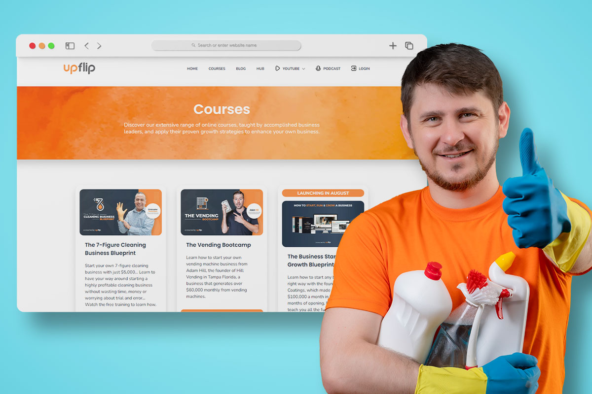 31 Best Self-Employment Ideas (2025) 9 young man with a screenshot mockup of cleaning course from upflip website