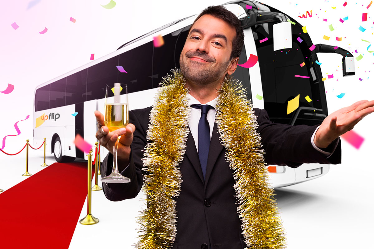Party bus and owner with champagne and confetti