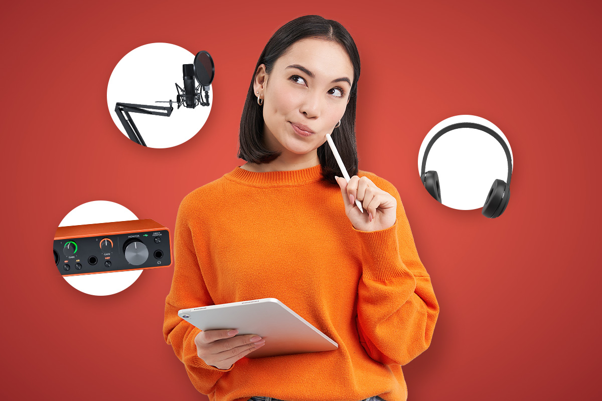 How to Start a Podcast: The Ultimate Guide (2025) 8 woman in orange shirt thinking with podcast equipment around her