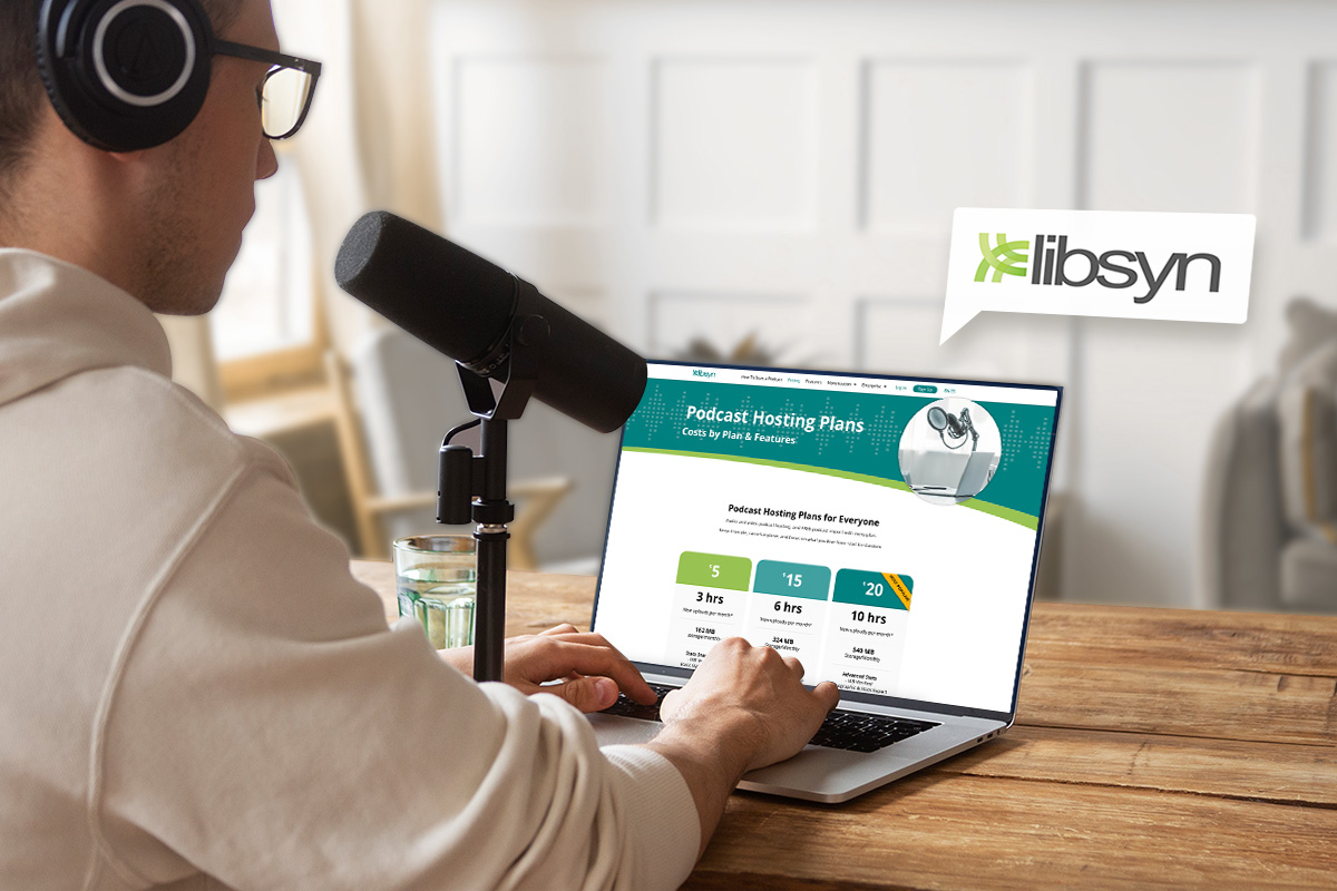 How to Start a Podcast: The Ultimate Guide (2025) 12 man wearing headphones browsing on libsyn website on laptop