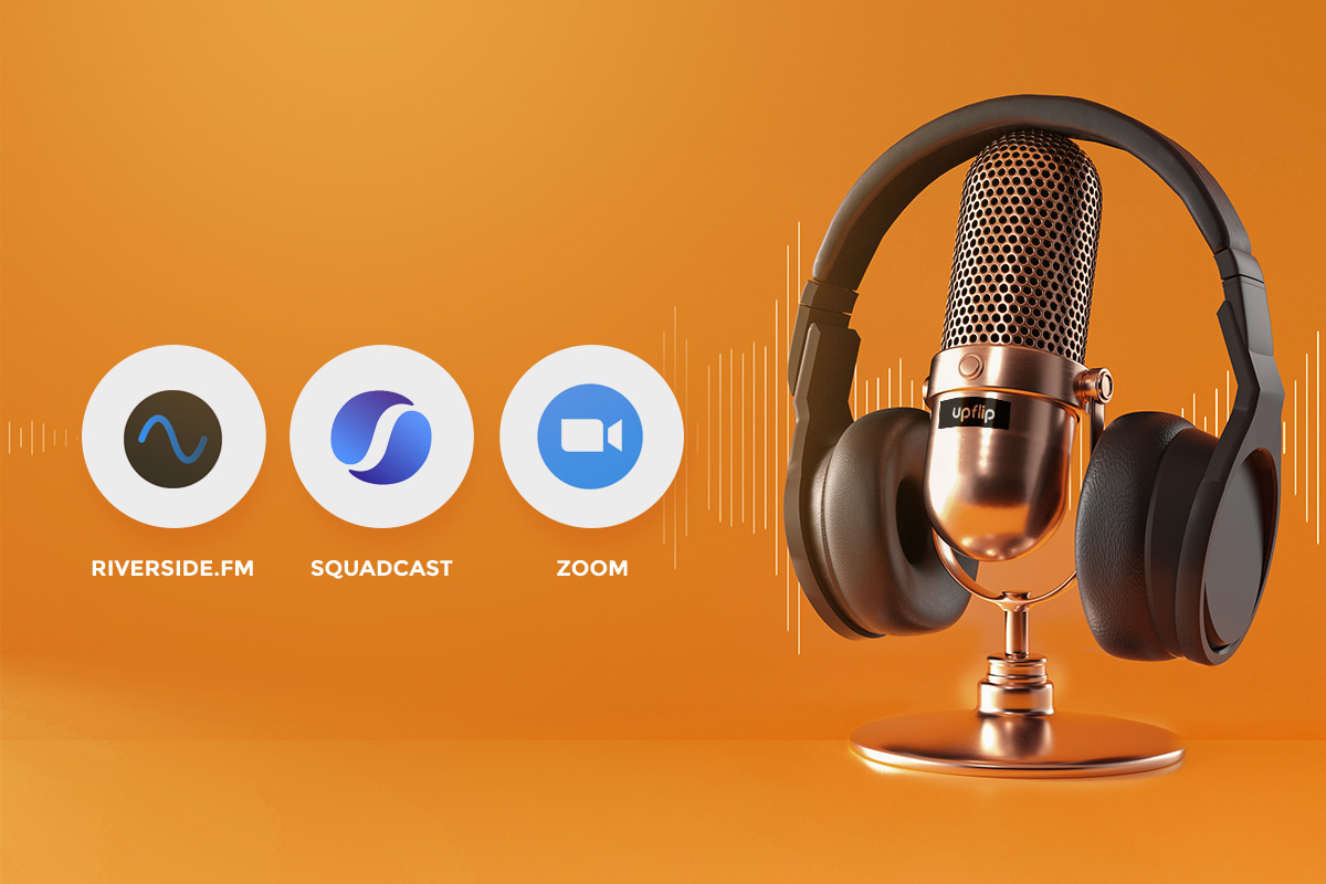 How to Start a Podcast: The Ultimate Guide (2025) 14 microphone and headset are on a table with several remote recording website icons