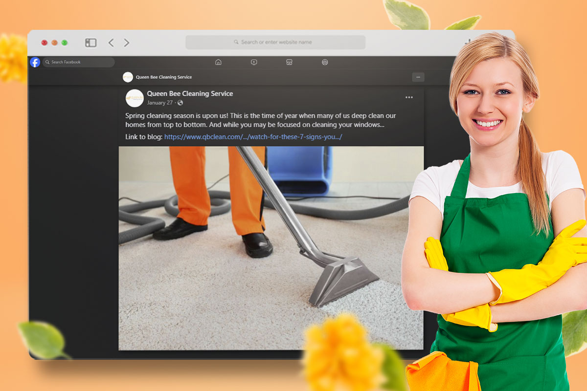 17 Catchy House Cleaning Ads, Ideas, and Examples 8 Cleaner posing in front of a screenshot of a Queen Bee Facebook ad
