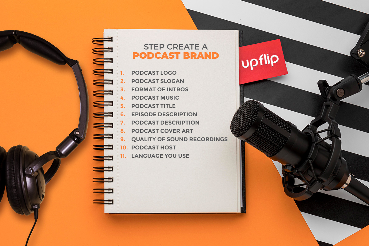 How to Start a Podcast: The Ultimate Guide (2025) 7 notebook with podcast equipment on an orange background
