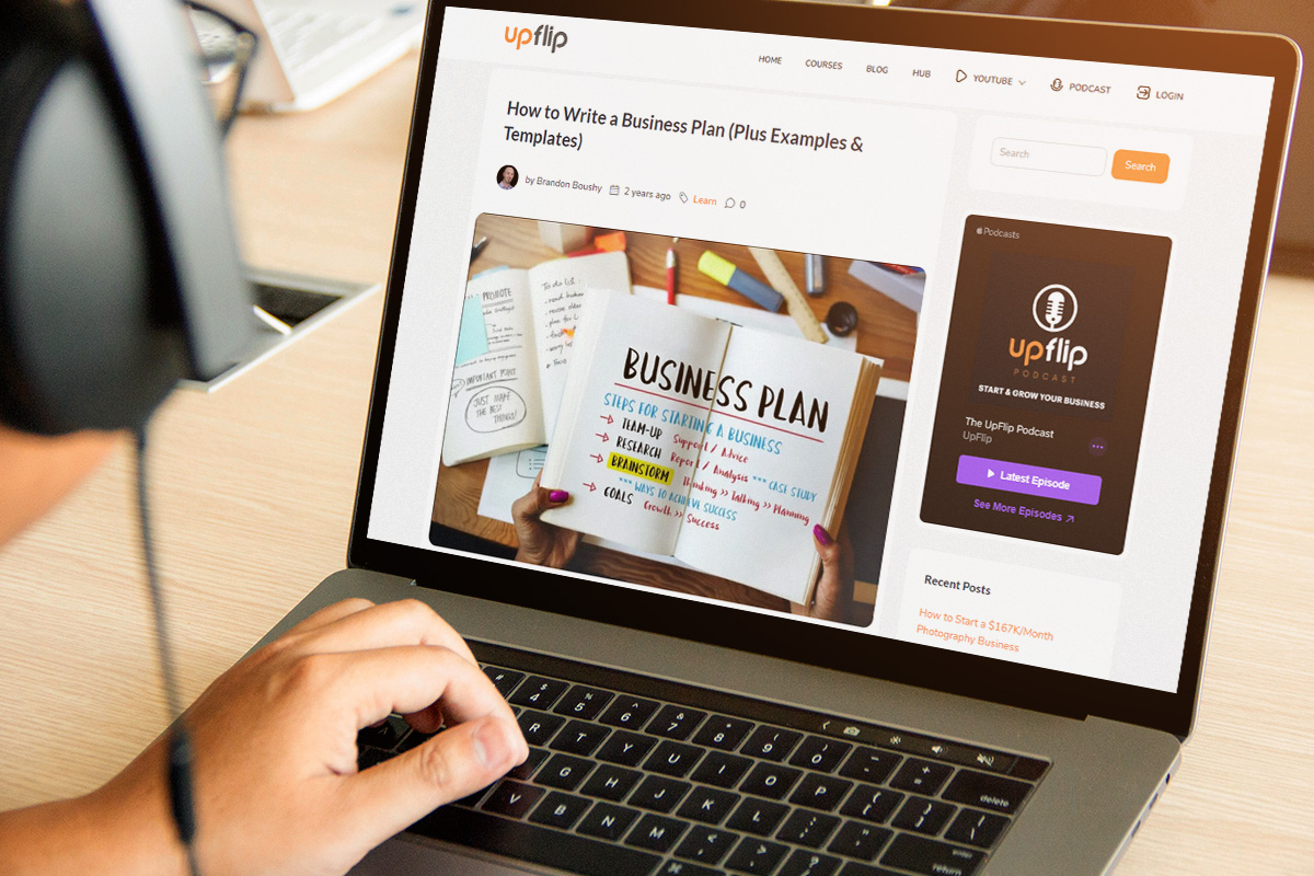 How to Start a Podcast: The Ultimate Guide (2025) 4 screenshot of business plan article from upflip website