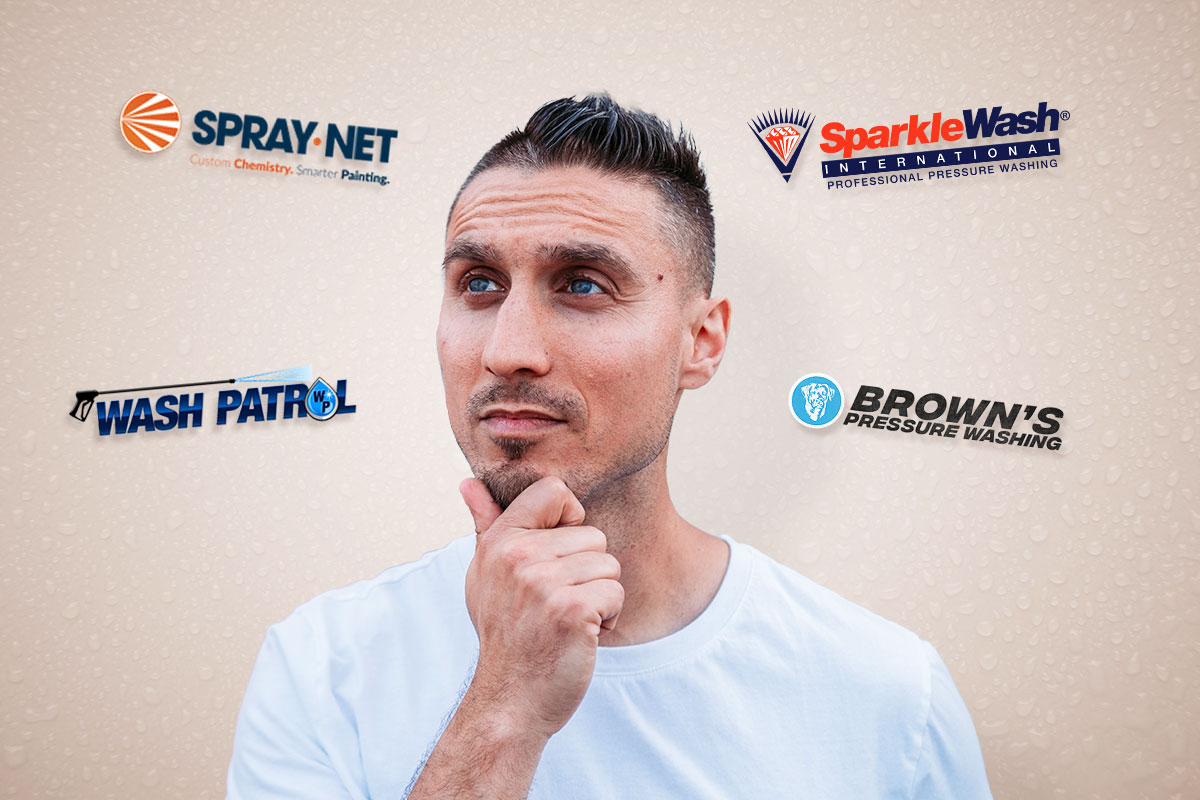 Spray-Net founder assuming a thinking face while surrounded by the Spray-Net, Wash Patrol, Sparkle Wash, and Brown’s Pressure Washing logos