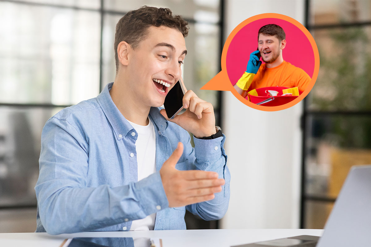 The 16 Best Cleaning Franchises to Own in 2025 10 Concept of a potential franchisee on the phone discussing opportunities with another business owner shown in a speech bubble
