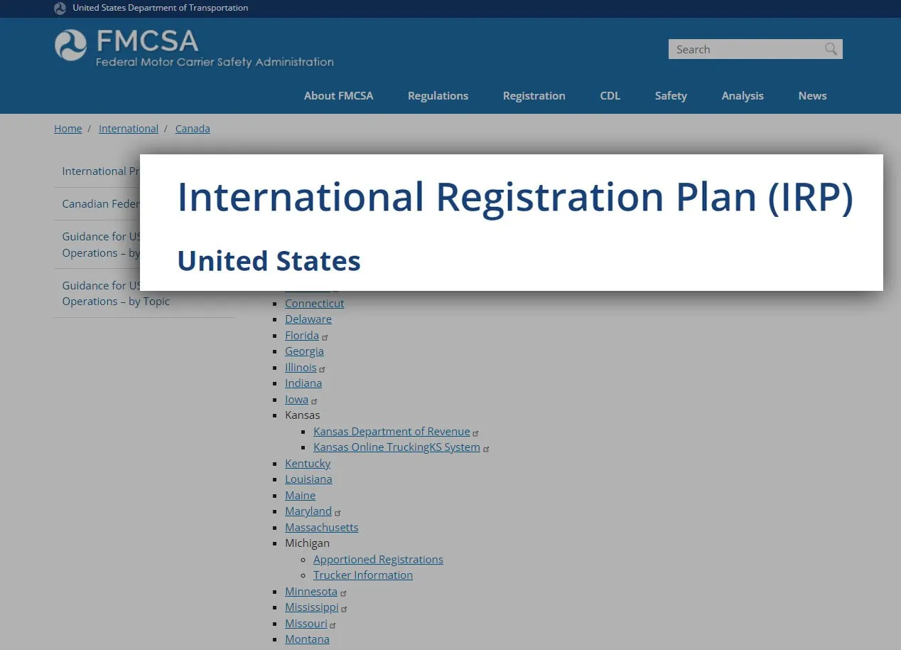 Screenshot of irp from fmcsa website