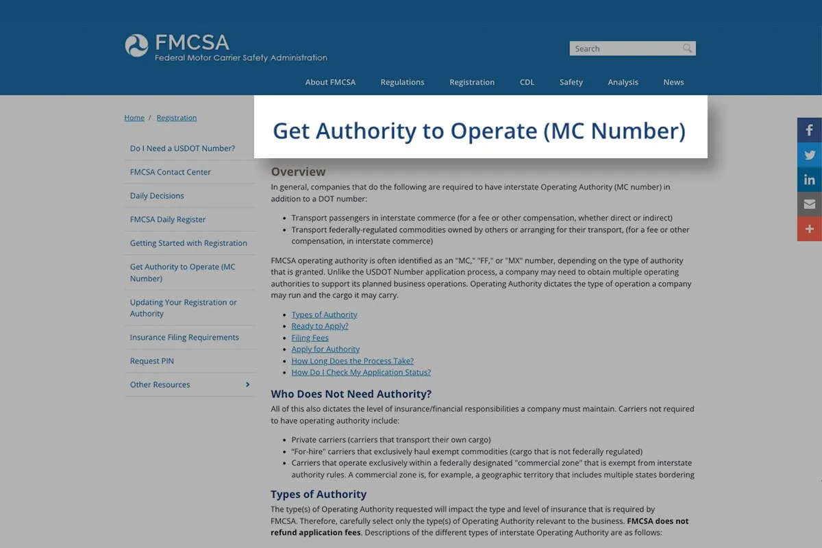Screenshot of license operating authority from fmcsa.dot.gov website