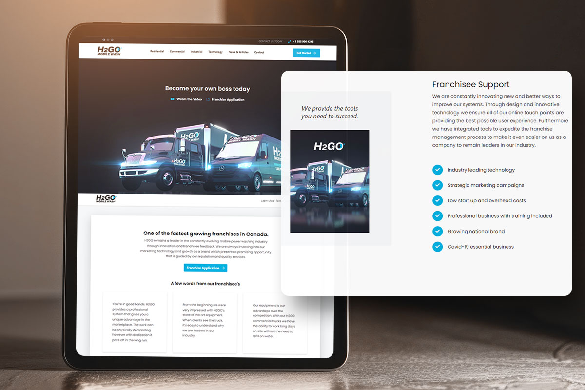 H2GO franchise support page on a laptop