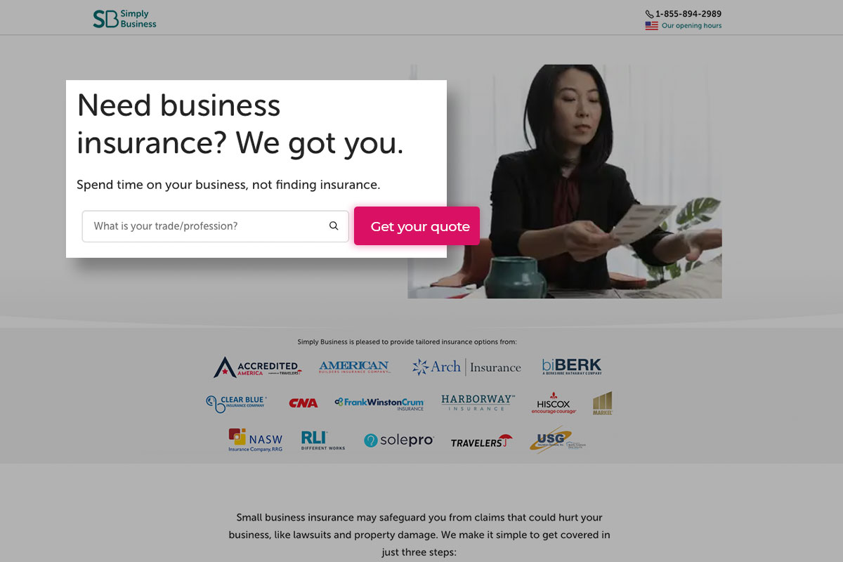 Lawn care business insurance screen from Simply Business website
