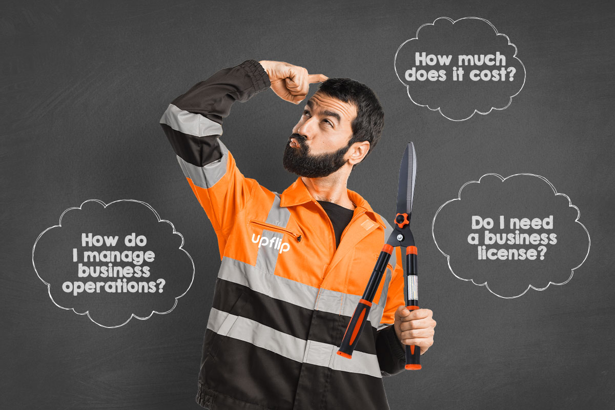 Landscaper holding shears surrounded by customer inquiries written in bubbles