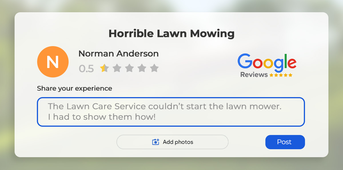 Negative Google review for lawn company that couldn't start mower