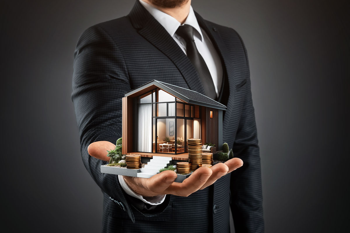 A man in a suit holding a modern rental property model in the palm of his hand.
