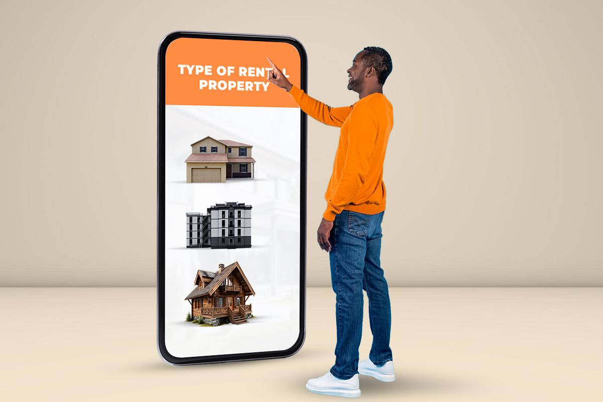 A man researching different types of rental properties on a smart phone.