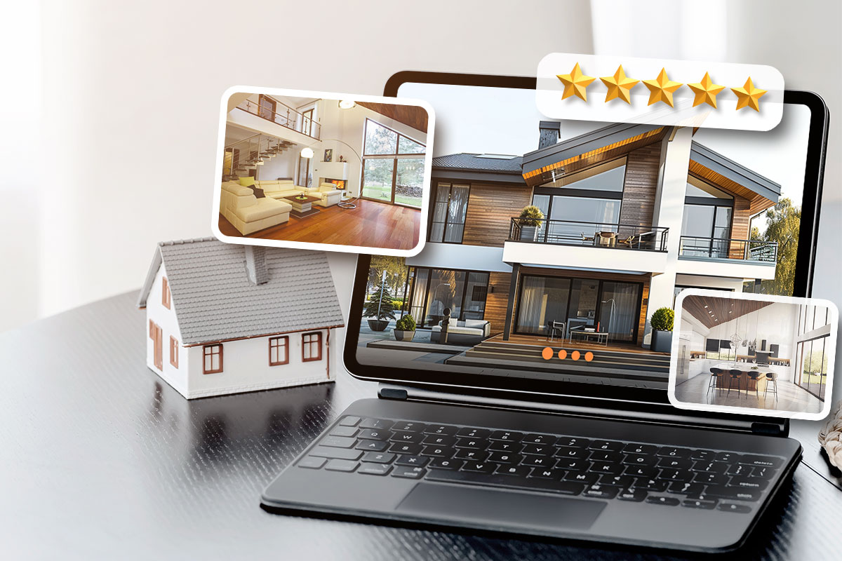 A five-star rental property review on a laptop with pictures of the home.