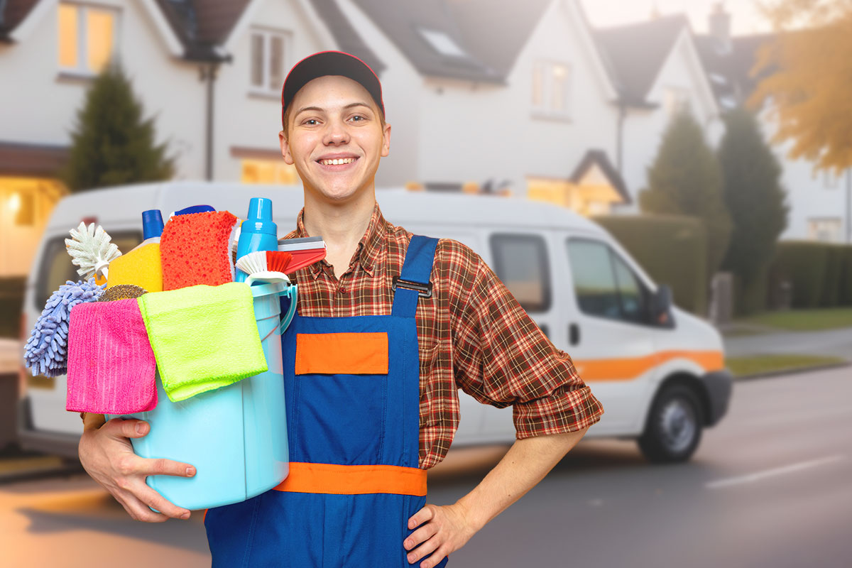 The 16 Best Cleaning Franchises to Own in 2025 8 Cleaner holding a bucket of supplies in front of a commercial van