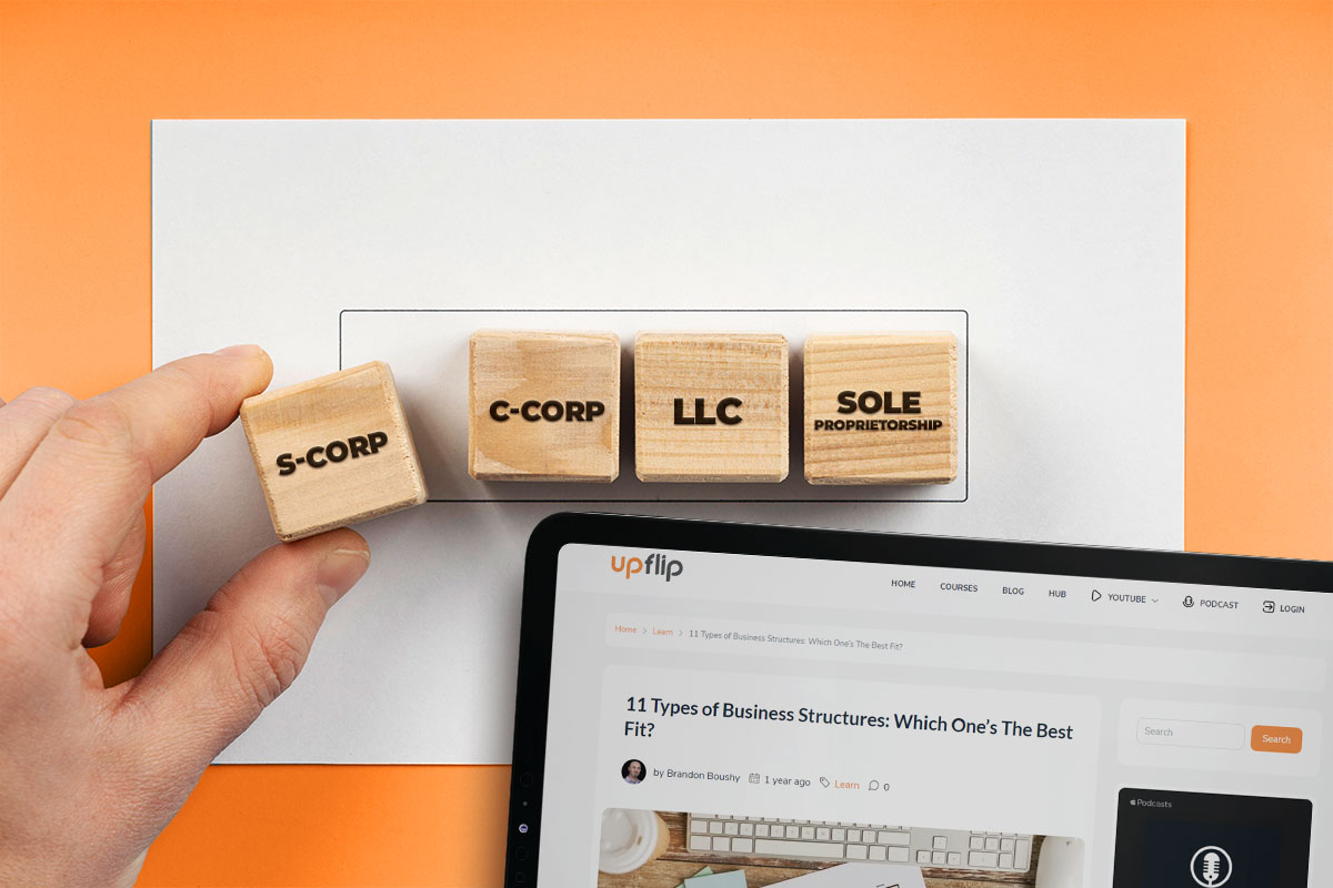 Hand arranging wooden blocks showing different types of business structures