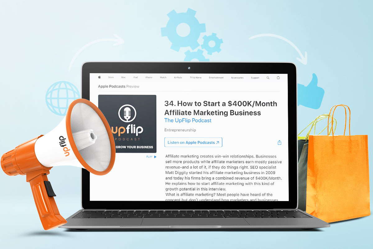 The 25 Best Low-Cost Business Ideas (for 2025) 5 UpFlip affiliate marketing podcast page on a laptop
