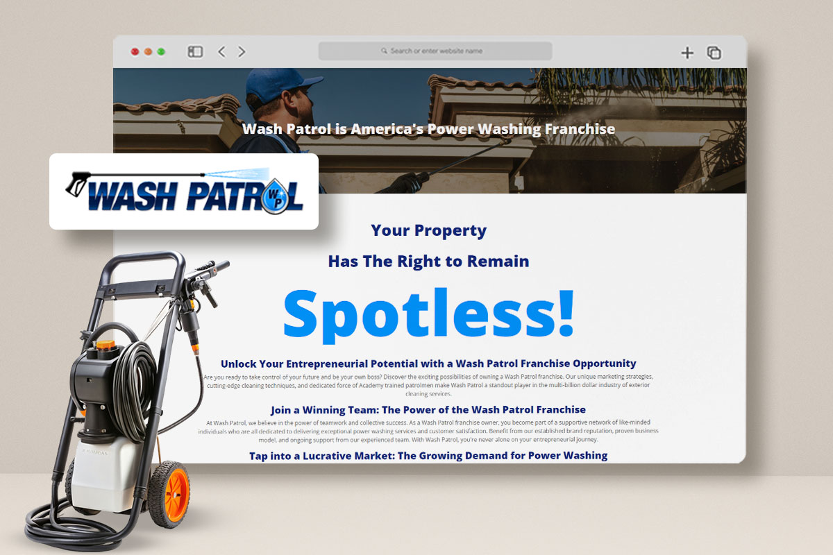 Power washing equipment in front of a screenshot of a Wash Patrol Franchise webpage