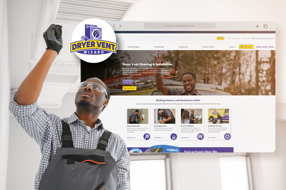 Man working on a vent with a Dryer Vent website mockup next to him