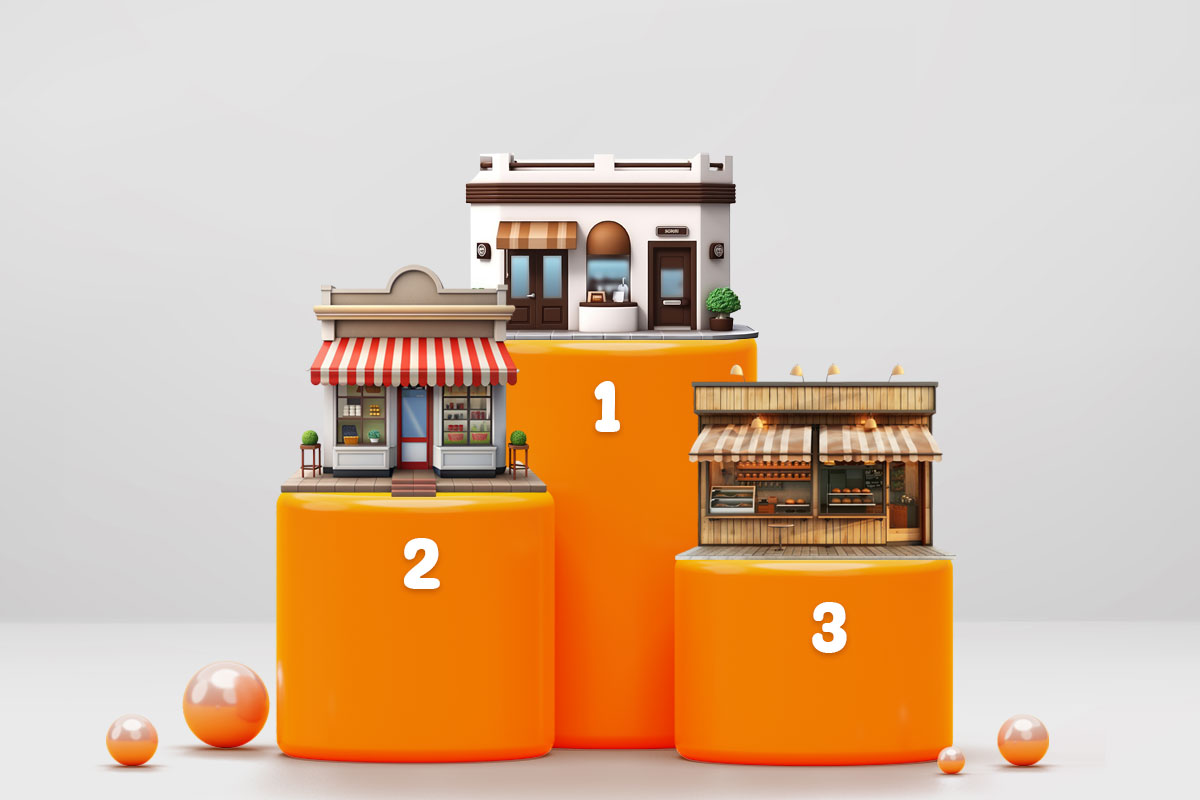 Three restaurants on a podium ranked from first to third place
