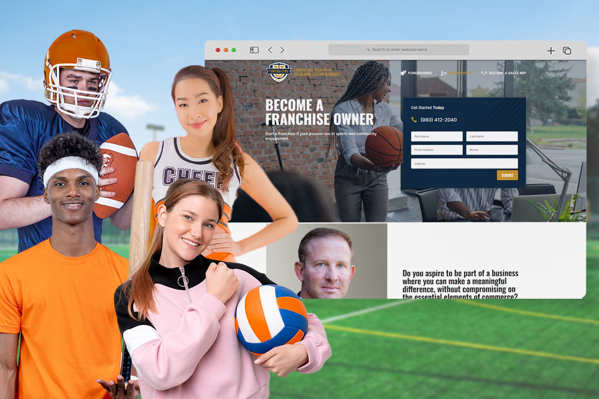 Screen showing the Franchise University website with student athletes posing next to it