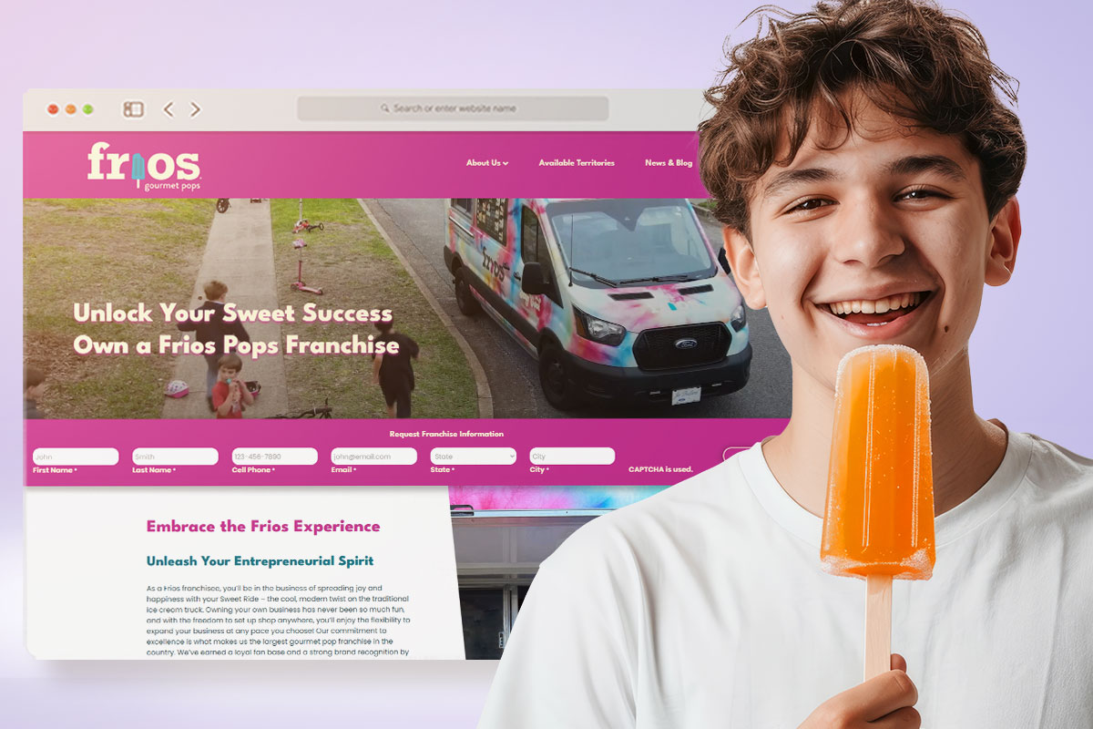 Person eating a popsicle in front of the Frios Gourmet Pops website