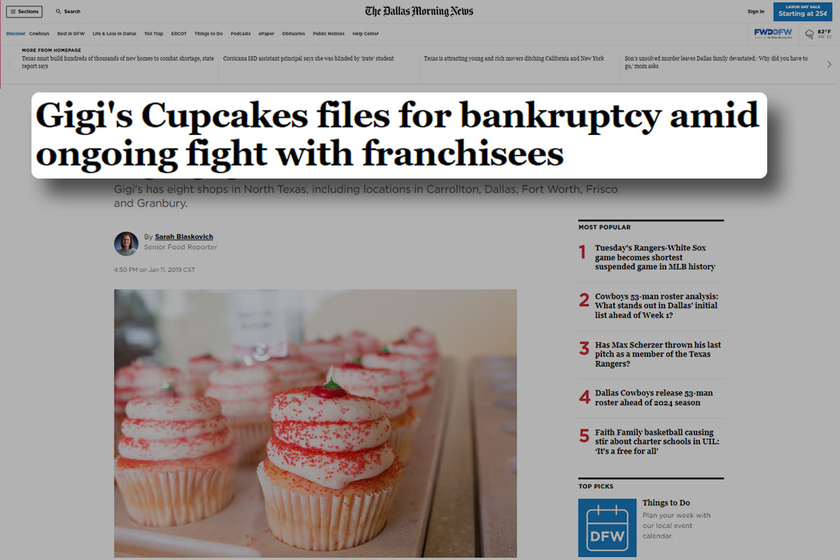 News site with a headline highlighting concerns about Gigi's Cupcakes