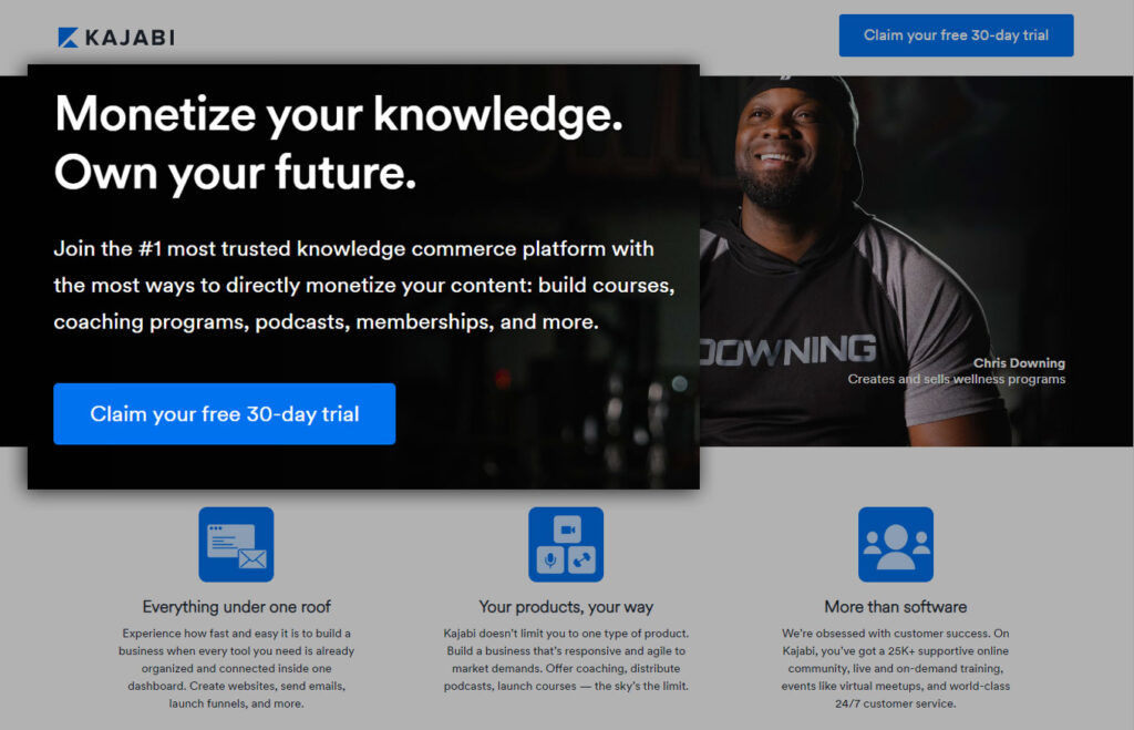 Kajabi website showing a free 30-day trial