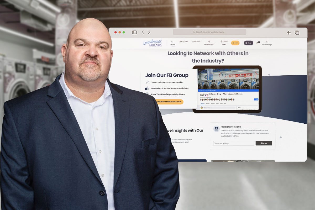 Best Laundromat Franchises of 2025 2 Laundromat owner standing in front a screen showing the Laundromat Millionaire website