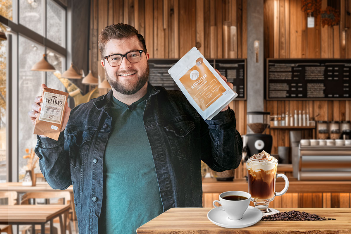 How to Work for Myself 5 Narrative Coffee owner posing in a coffee shop with bags of coffee beans