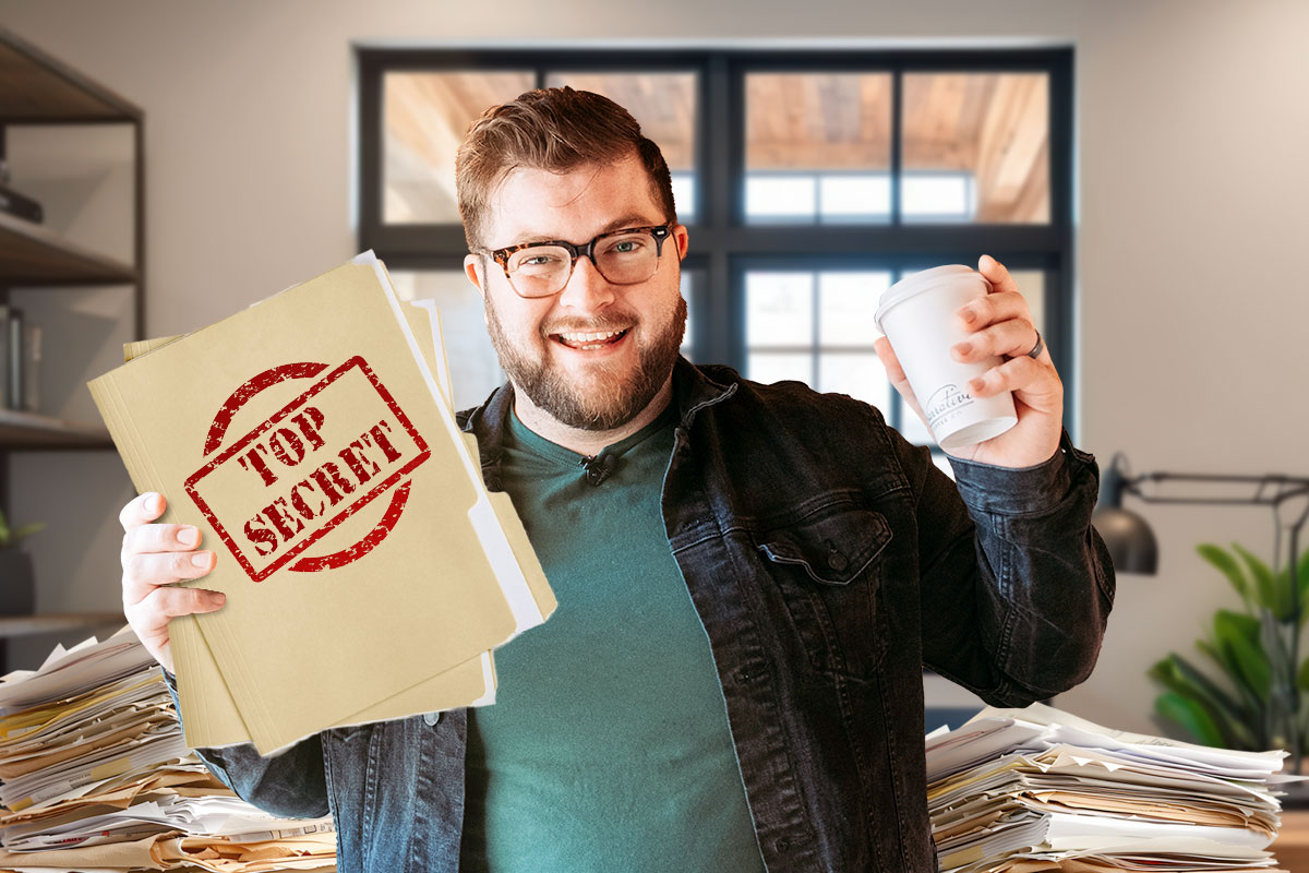 How to Work for Myself 7 Business owner holding coffee and a top secret folder