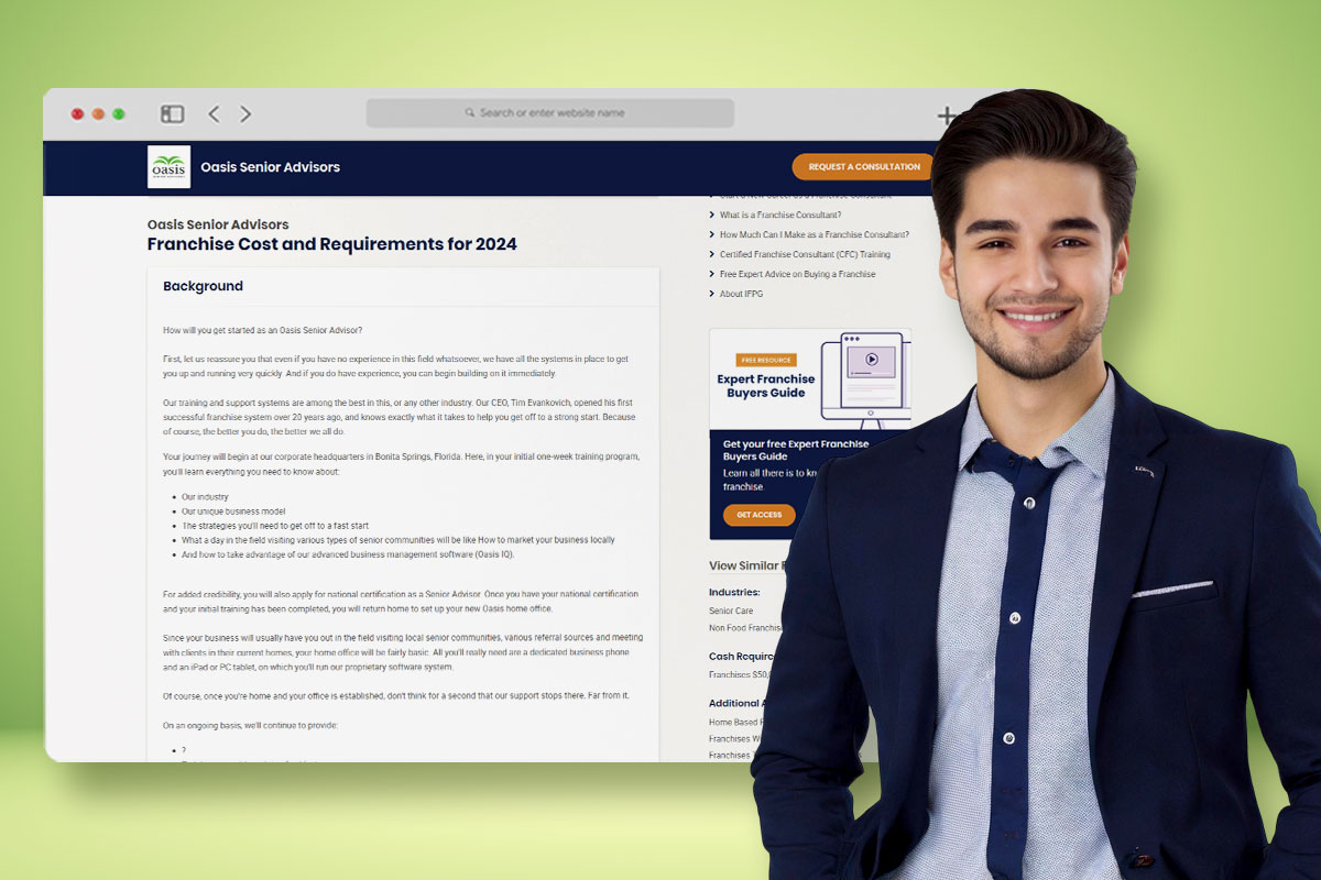Businessman standing in front of a screenshot of Oasis Senior Advisors website
