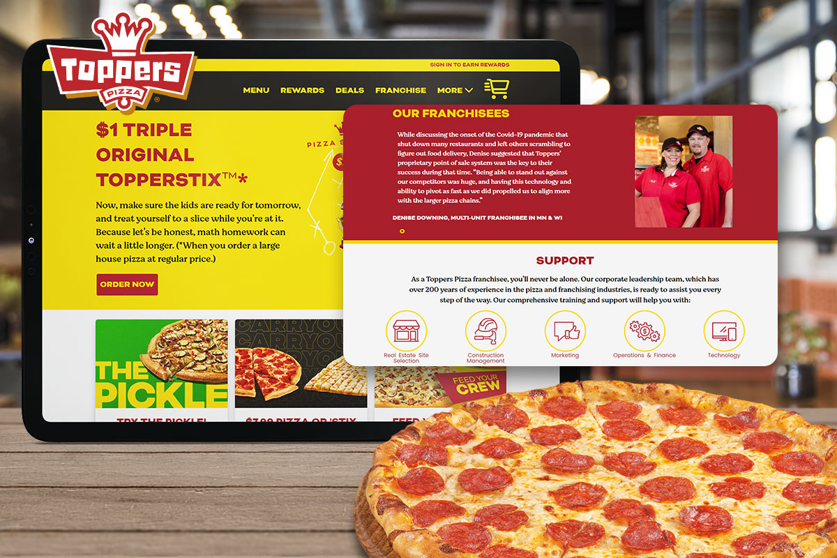 Tablet screen showing the Toppers Pizza franchising website