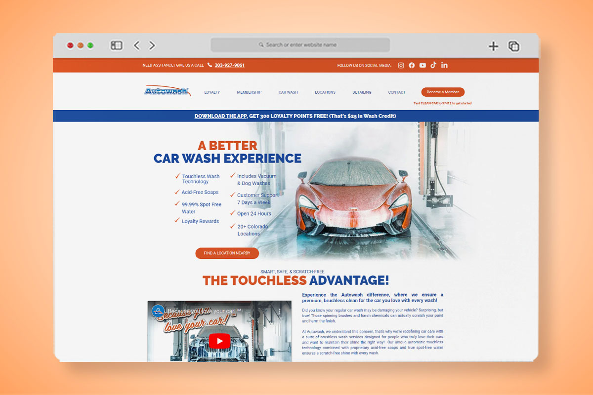 Screen showing the Autowash website