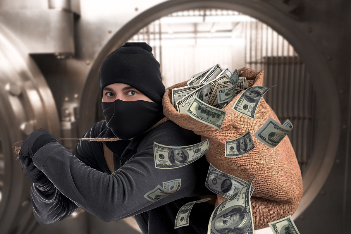 How to Make $1000 a Day 2 A masked bank robber in front of a bank vault with a bag of cash