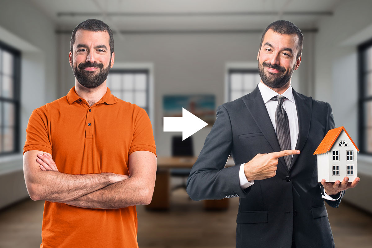 Before-and-after transformation of a man becoming a real estate agent