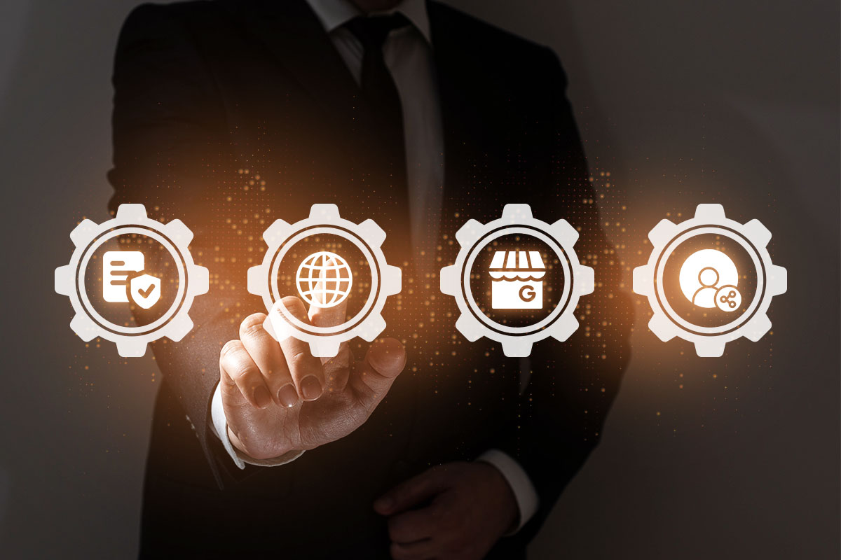 Business owner pointing to a series of logos that represent different business operations