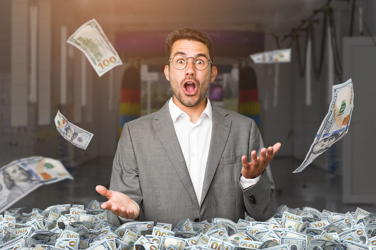Business owner expressing surprise surrounded by hundred-dollar bills