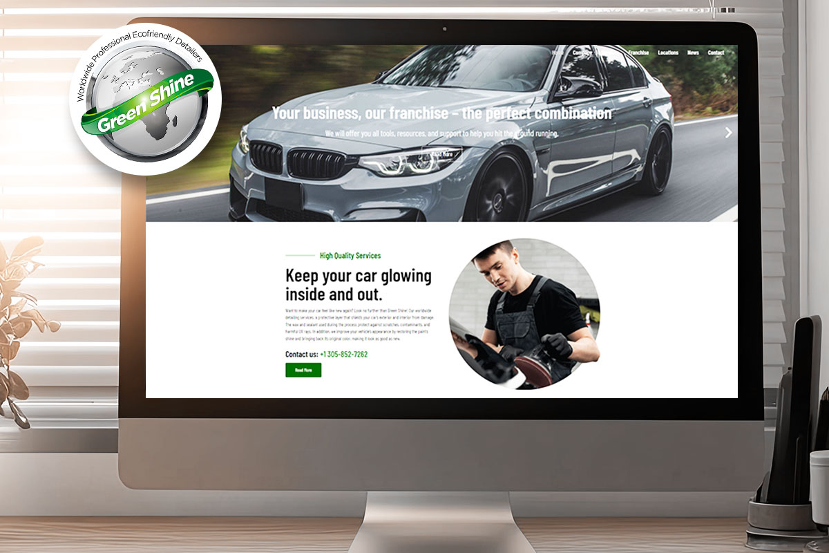 Computer monitor showing the Green Shine franchising website