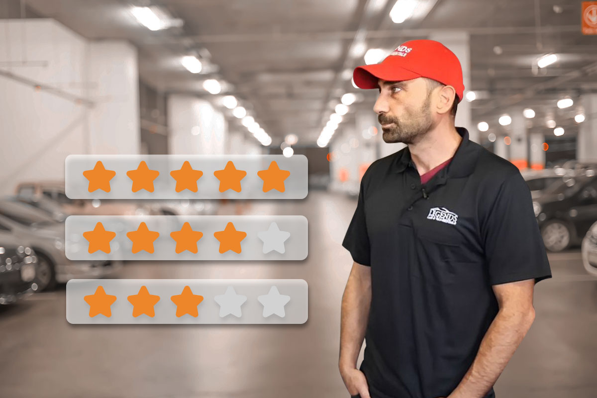 Owner of Legends Car & Van Rentals next to floating star ratings from customer reviews