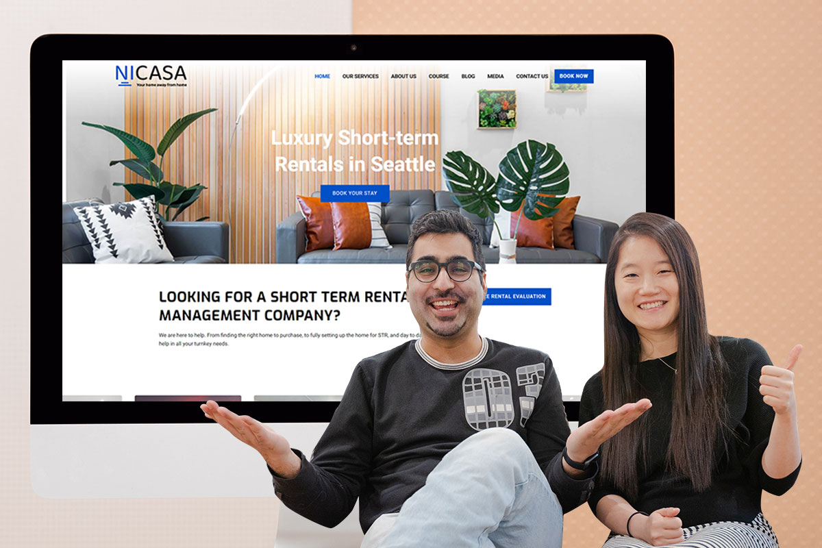 Owners of Nicasa rental company in front of a screen showing the Nicasa website