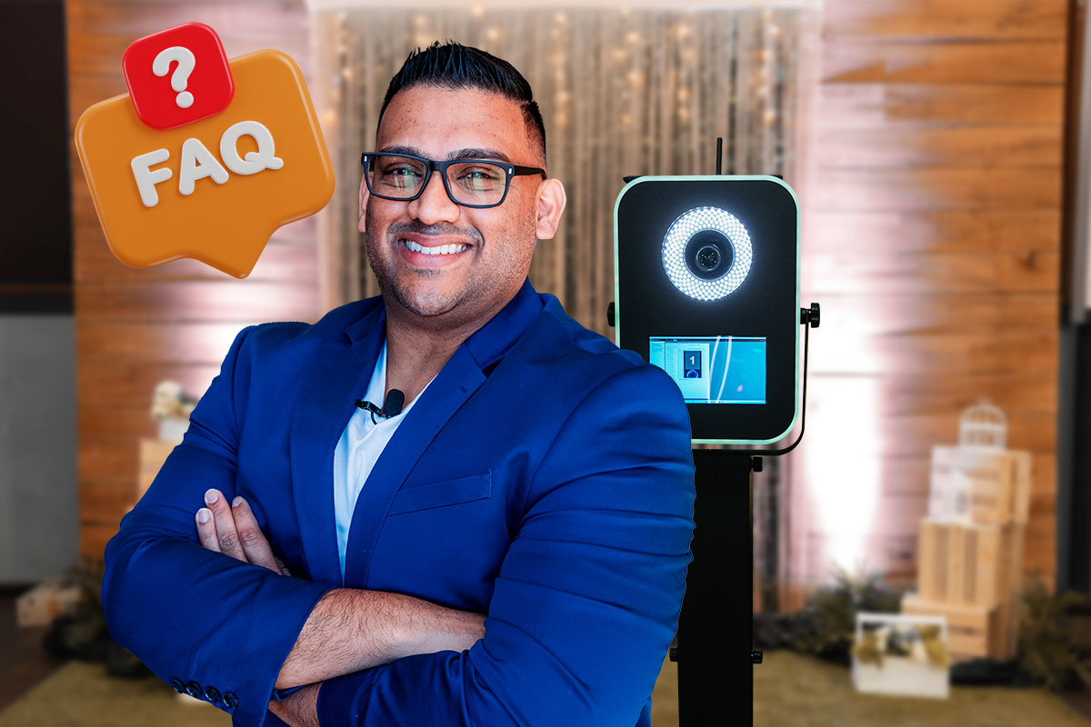 Photo booth owner in front of camera with FAQ? speech bubble