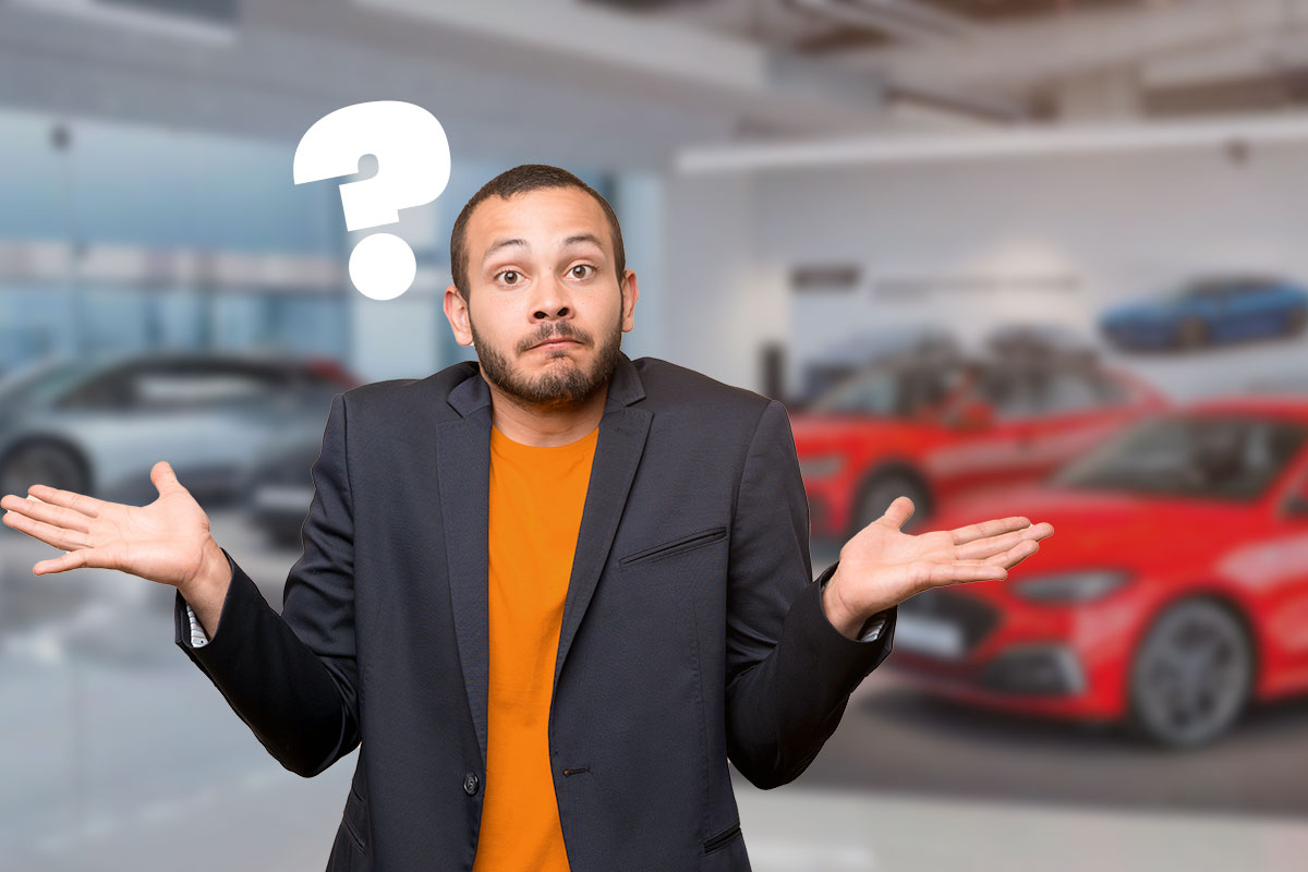 Rental car business owner shrugging with a question mark floating nearby