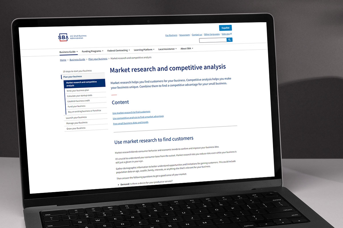 Laptop open to the U.S. Small Business Administration site on market research