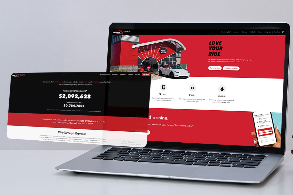 Laptop open to Tommy's Express franchising website