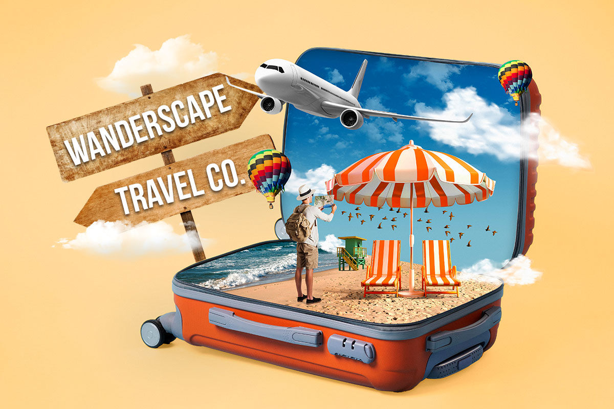 Directional sign with arrows labeled Wanderscape Travel Co. next to a suitcase open to a beach scene