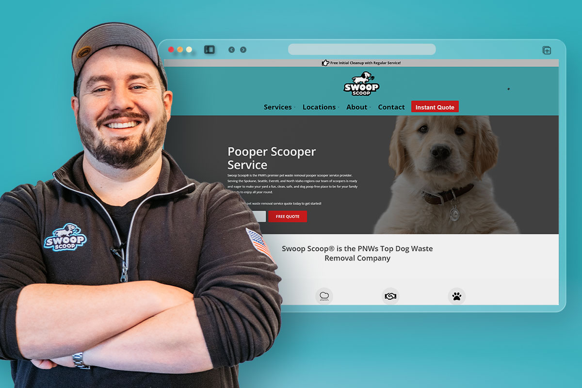 Owner of Swoop Scoop standing in front a screenshot of the company website