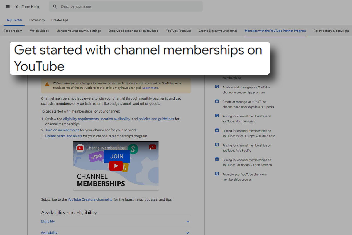 How to Start a $45K/Month YouTube Channel 17 The YouTube Help Center page on how to get started with channel memberships